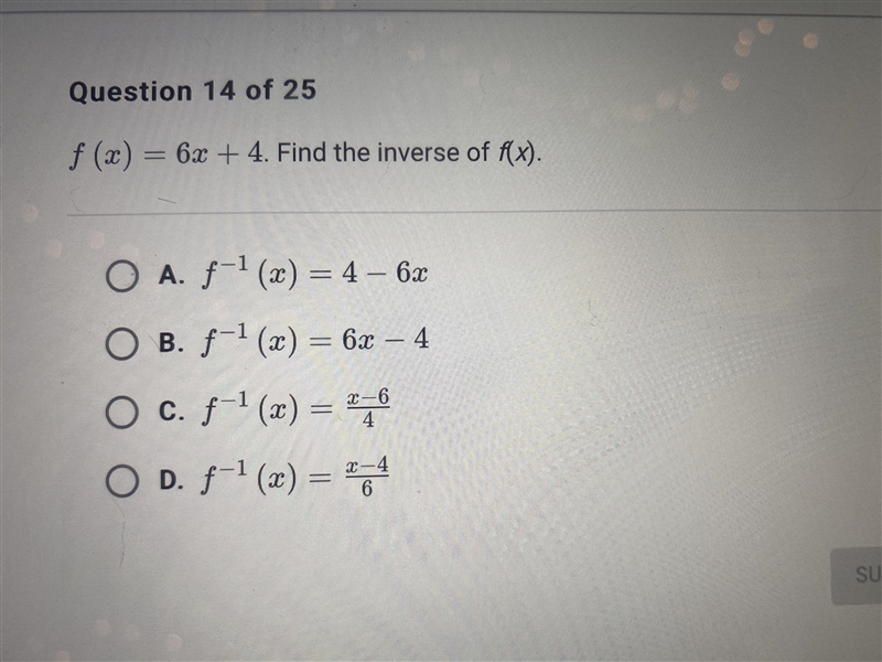 Please help. Functions and relations. f(x) = 6x + 4. find the inverse of f(x)-example-1