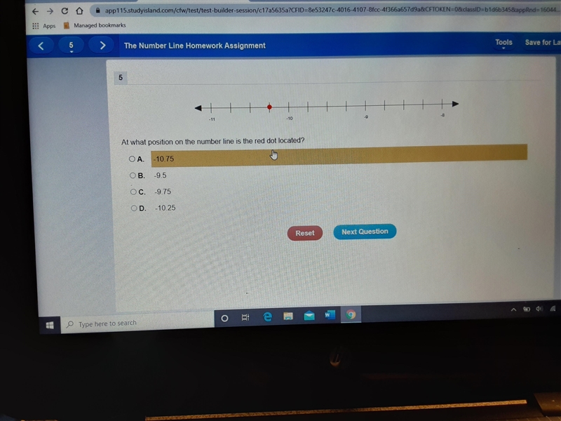 Please help!!! At what position on the number line is the red dot located?A. -10.75B-example-1