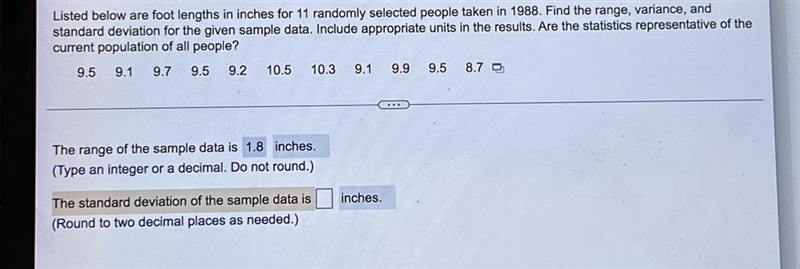 Listed below are foot lengths in inches for 11 randomly selected people taken in 1988. Find-example-1