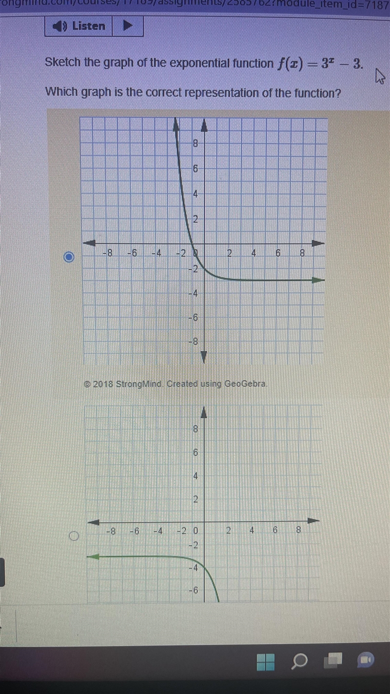 Sketch the graph of the exponential function f(x)=3x−3.Which graph is the correct-example-1