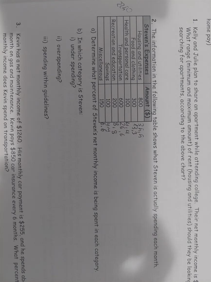 A) Determine what percent of Steven's net monthly income is being spent in each category-example-1