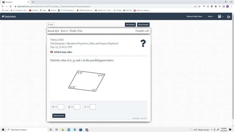 Find the value of xxx, yyy, and zzz in the parallelogram below.-example-1