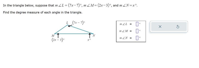 Find the degree measure of each angle in the triangle.-example-1