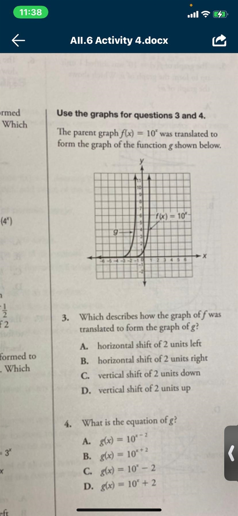 N 'The parent graph f(x) = 10 was translated toform the graph of the function g shown-example-2