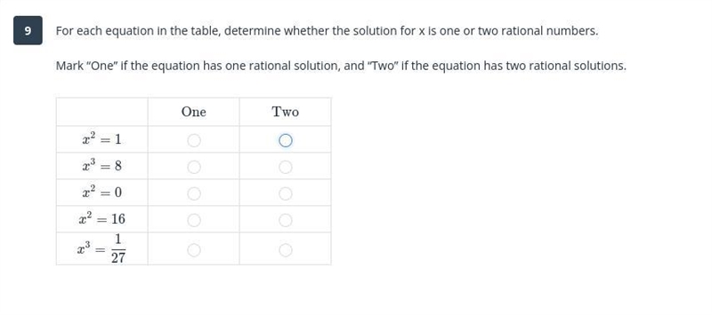 For each equation in the table, determine whether the solution for x is one or two-example-1