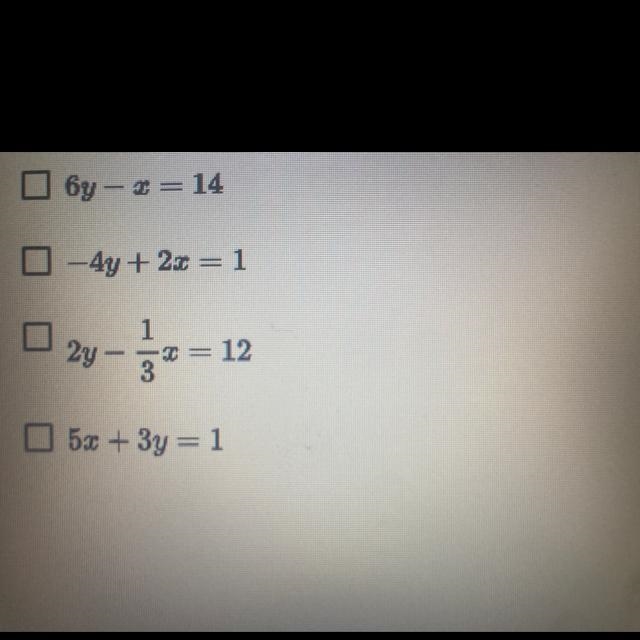 Identify the equations that are parallel. select all that apply.-example-1