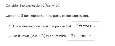 With expression 1. the options are, 2 factors, 3 factors, 2 terms, 3 terms. with expression-example-1