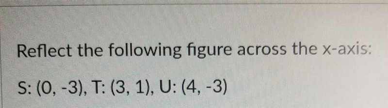 Reflect the following figure across the x-axis: S: (0, -3), T: (3, 1), U: (4, -3)-example-1