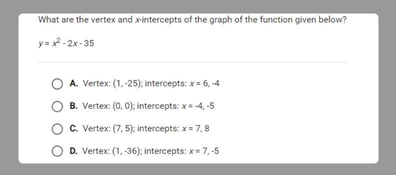 What are the vertex and x-intercepts of the graph of the function given below?-example-1