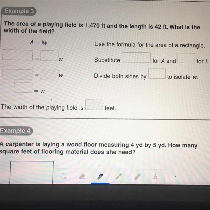 The area of a playing field is 1,470 ft and the length is 42ft. What is the width-example-1