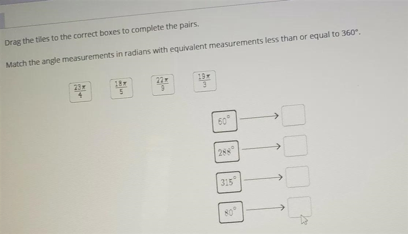 Match the angle measurements in radians with equilateral measurements less than or-example-1