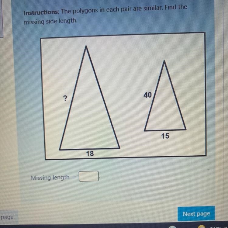 OnInstructions: The polygons in each pair are similar. Find themissing side length-example-1