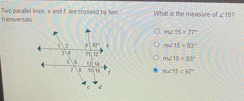 Two parallel lines, e and f, are crossed by two transversals.What is the measure of-example-1