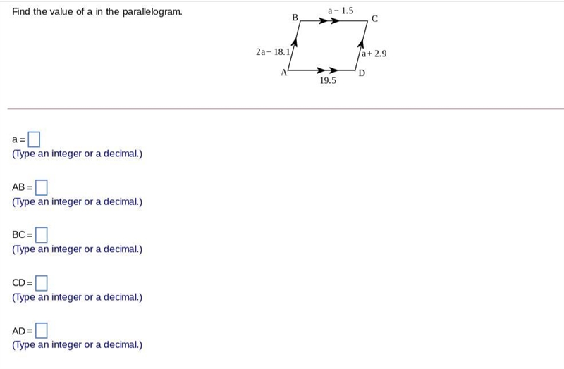 PLS HELP. Find the value of a, AB, BC, CD, AD in the parallelogram. Pls show work-example-1