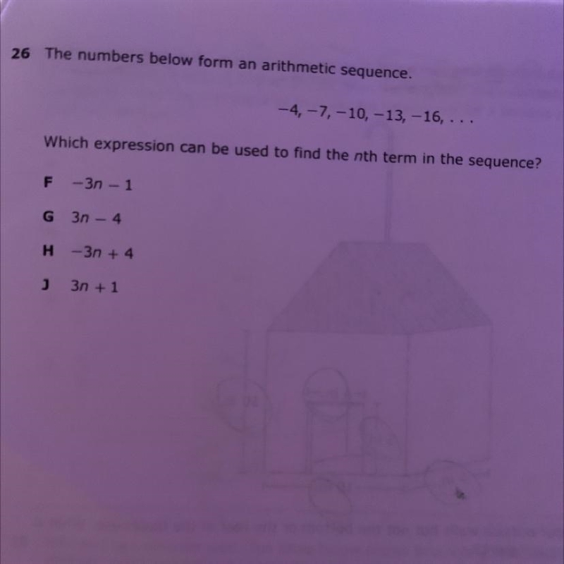 26 The numbers below form an arithmetic sequence.-4, -7 -10,- 13 - 16, ..Which expression-example-1