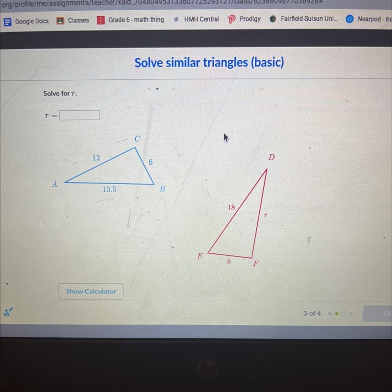 Solve similar triangles (basic) Solve for T. T= С 12 D 6 А 13.5 B 18-example-1