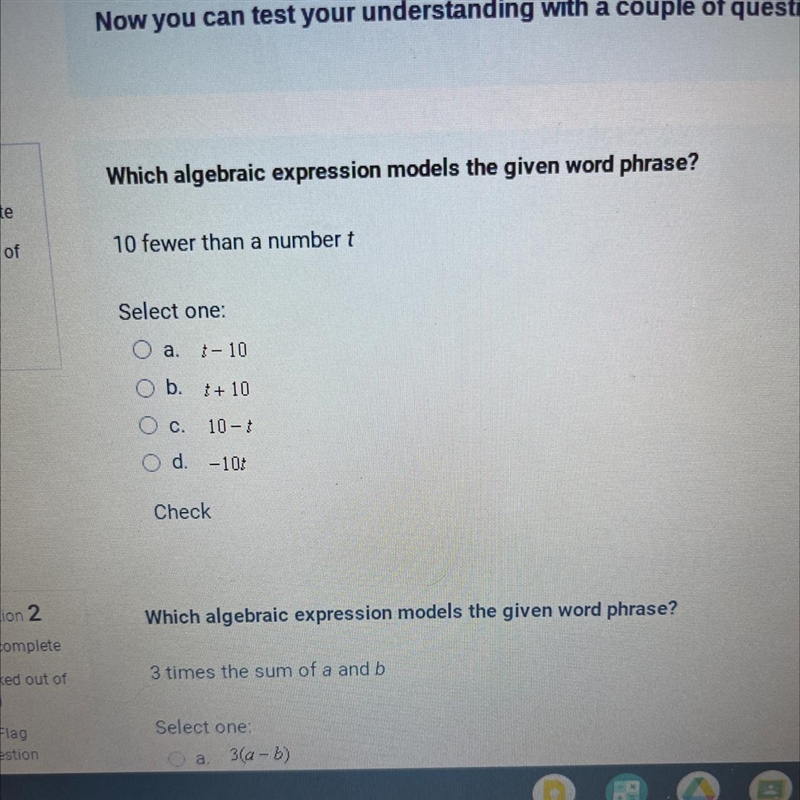 Which algebraic expression models the given word phrase?10 fewer than a numbertSelect-example-1