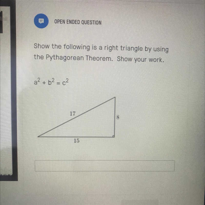 Show the following is a right triangle by using the Pythagorean Theorem. Dhow your-example-1