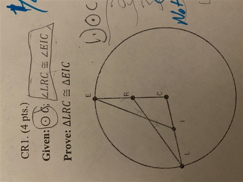 Given: Circle C; Angle LRC is congruent to Angle EIC Prove: Triangle LRC is congruent-example-1