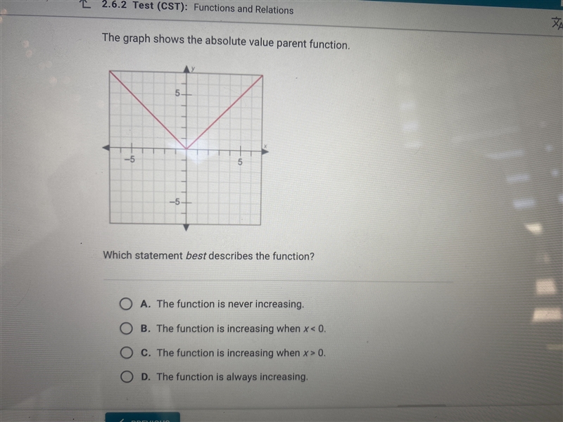 Please Help! Functions and Relations The graph shows the absolute value parent function-example-1