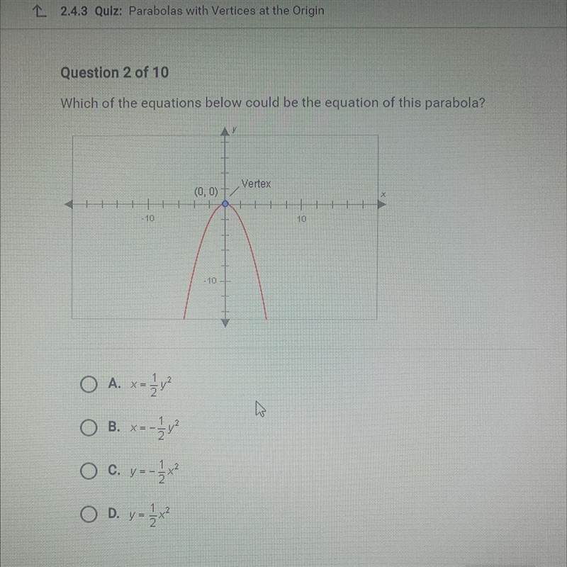 Which of the equations below could be the equation of this parabola?-example-1