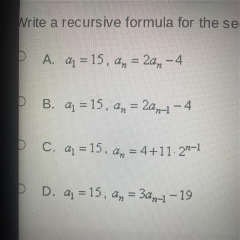 Write a recursive formula for the sequence {an} = (15, 26, 48,92,180…}.-example-1