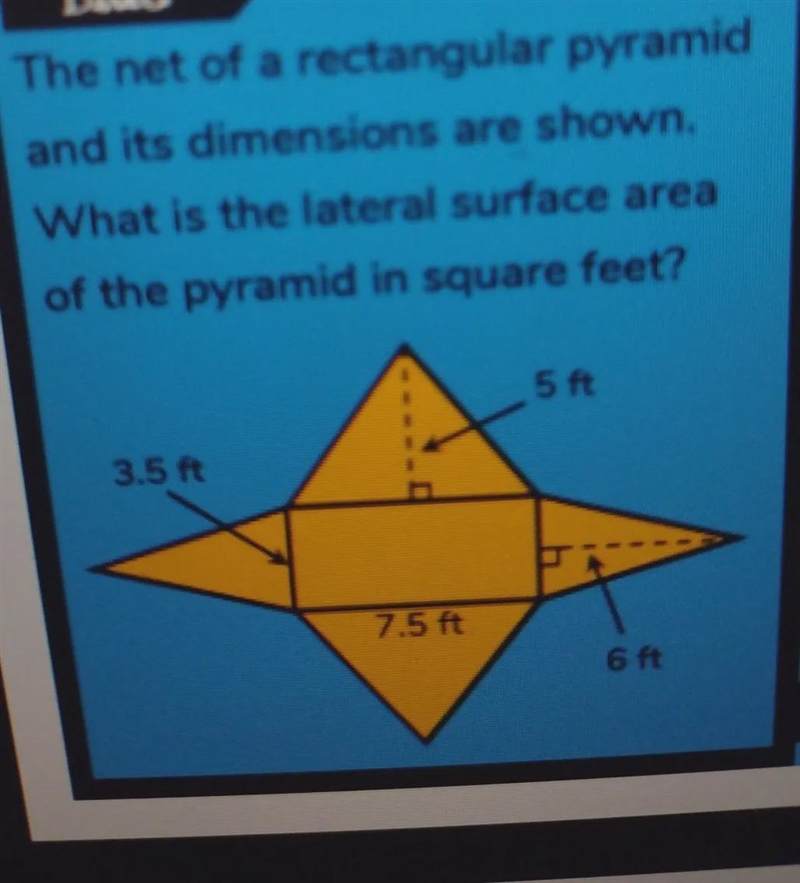 Blue The net of a rectangular pyramid and its dimensions are shown. What is the lateral-example-1