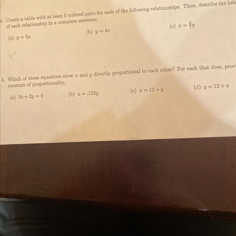 5. Which of the equations show x and y DIRECTLY proportional to each relationship-example-1