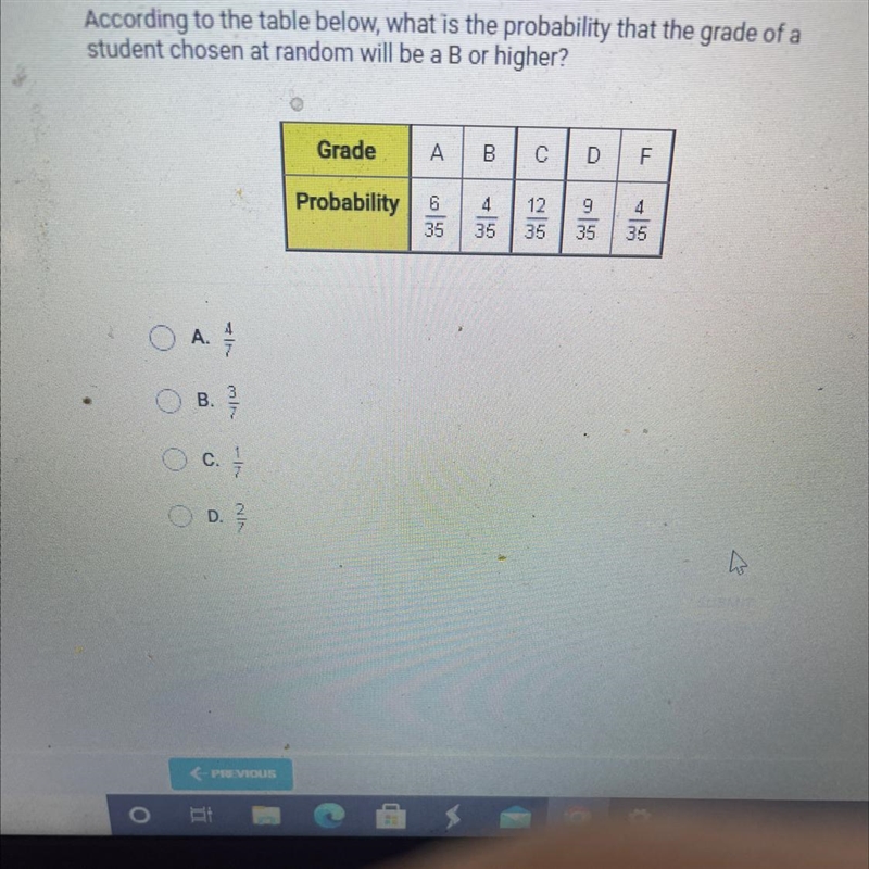 According to the table below, what is the probability that the grade of a student-example-1