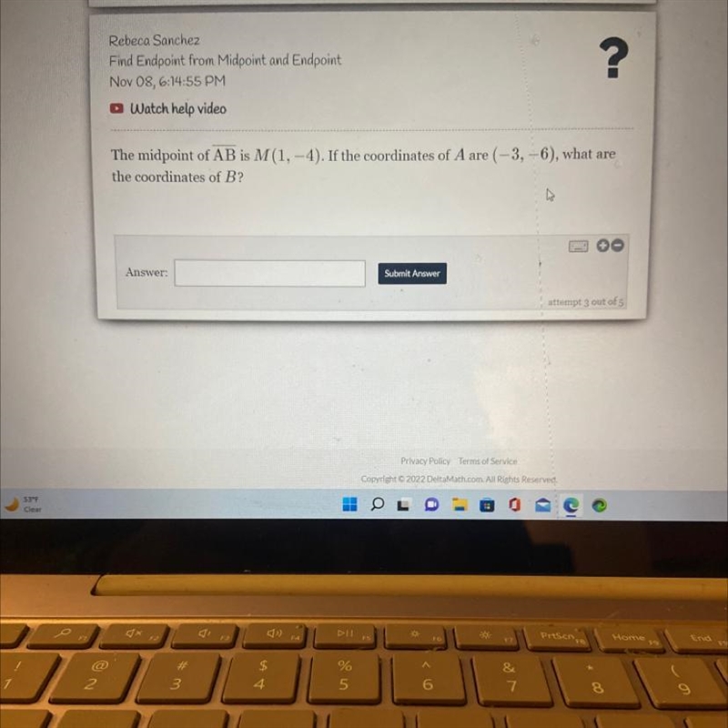 The midpoint of AB is M(1,-4). If the coordinates of A are (-3, -6), what are the-example-1