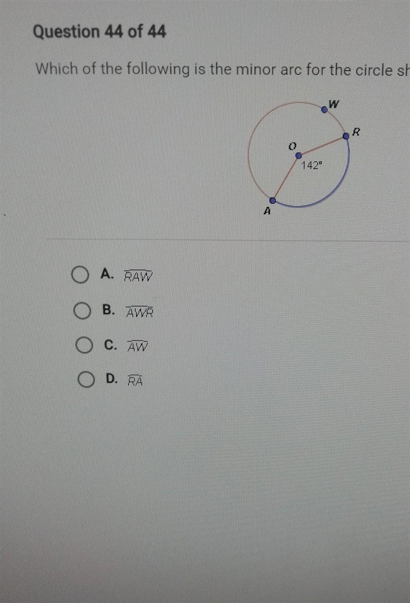 Which of the following is the minor arc for the circle shown below? 30 points need-example-1