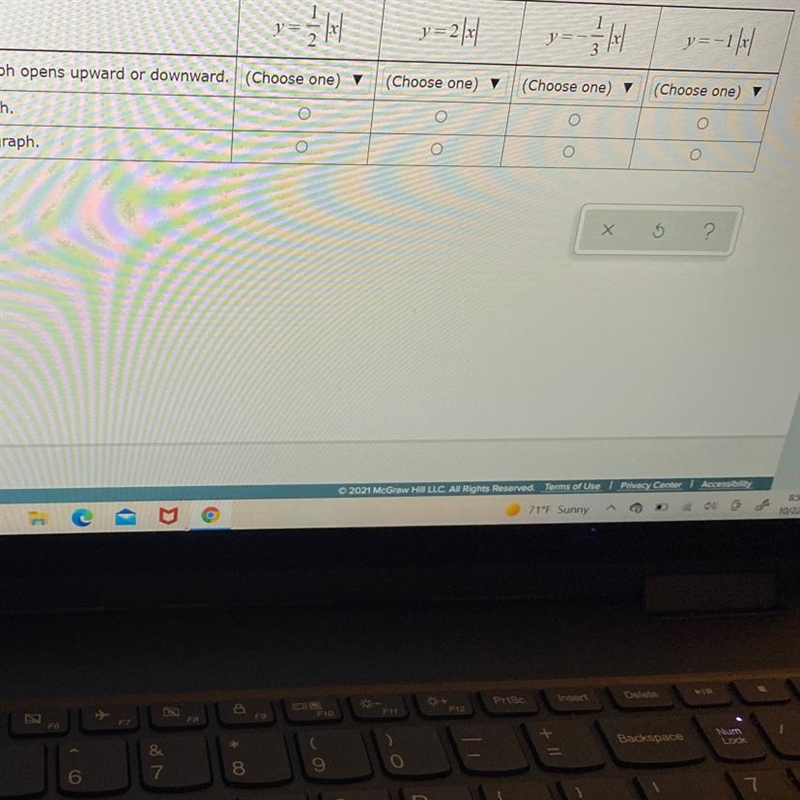 For each function choose whether it’s graph opens upward or downward. Choose the equation-example-1