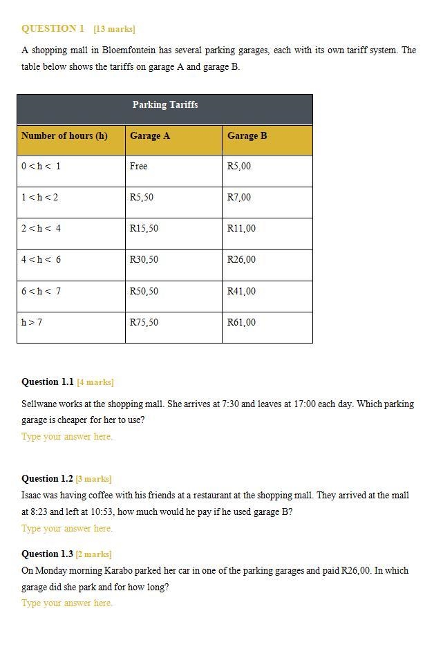 JohanVanDeVaseYesterdayMathematicsHigh SchoolTARIFF SYSTEMSQUESTION 1 [13 marks]A-example-1