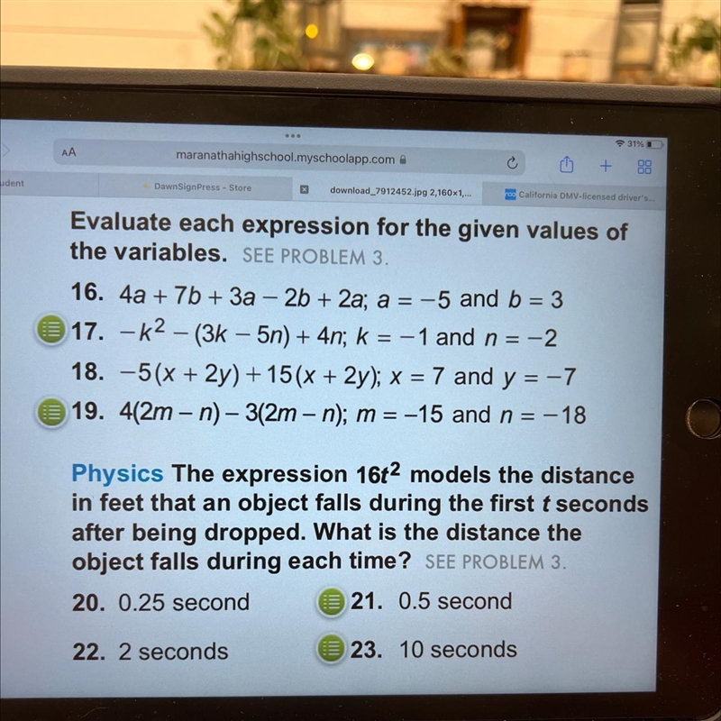 Evaluate each expression for the given values of the variables#17 and 19-example-1