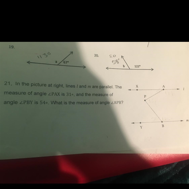 In the picture at right, lines l and m are parallel. The measure of angle-example-1