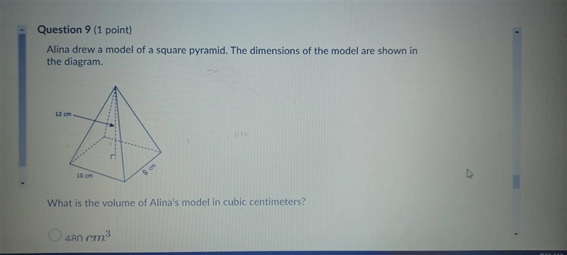 Alina drew a model of a square pyramid. The dimensions of the model are shown in the-example-1