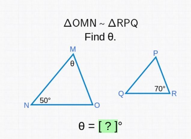 △OMN ~ △RPQ Find θ. Please help me-example-1