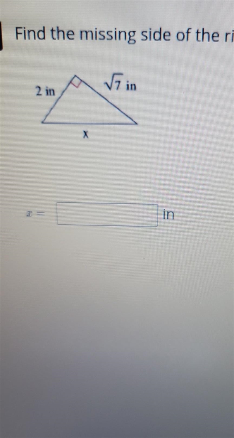 Find the missing side of the right angle.Leave your answer in simplist radical form-example-1