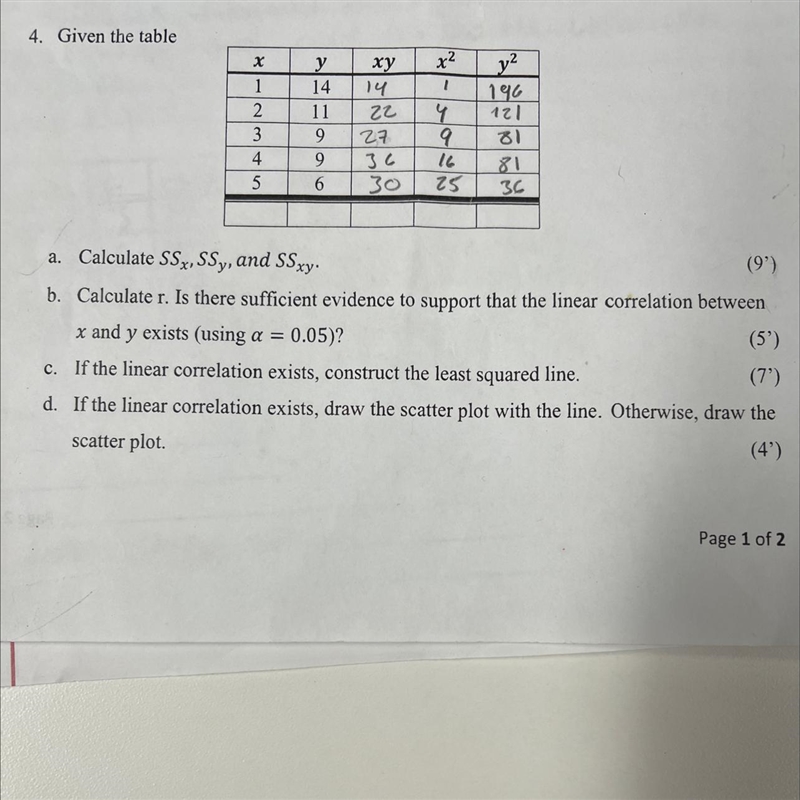 a.Calculate SSx, SSy, and SSxy.b. Calculate r. Is there sufficient evidence to support-example-1