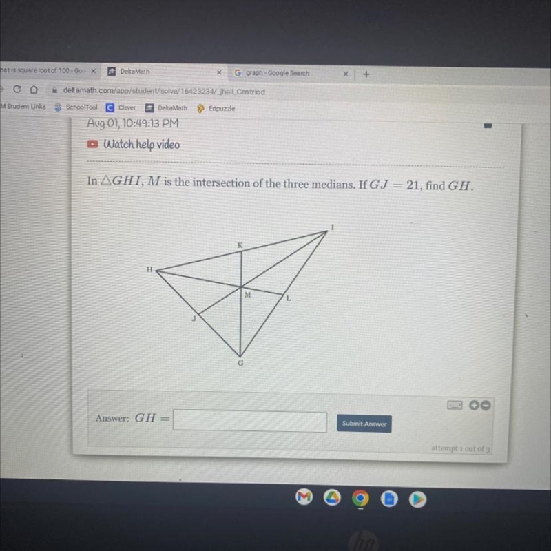 In AGHI, M is the intersection of the three medians. If GJ = 21, find GH-example-1