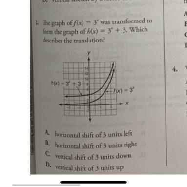 The graph of f(x)=3* was transformed toform the graph of b(x) = 3* + 3. Whichdescribes-example-1