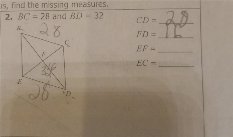 BCDE is a rhombus. Find the missing measures.BC = 28 and BD = 32CD =FD =EF =EC =-example-1