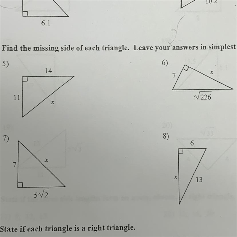 Find the missing side of each triangle. Leave your answers in simplest radical form-example-1