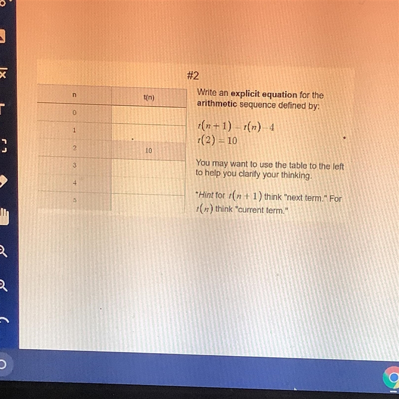 Write an explicit equation for the arithmetic sequence defined byt(n+1)= t(n)-4t(2) = 10-example-1