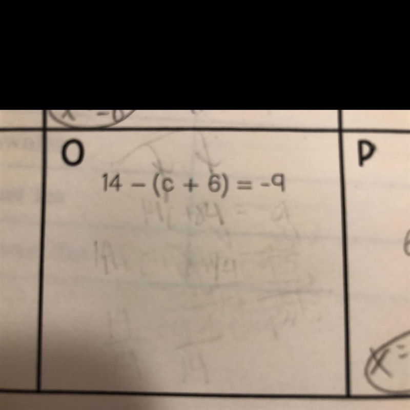 What is the solution to 14-(c+6)=-9 pls help!!-example-1