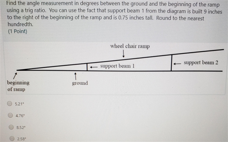 Find the angle measurement in degrees between the ground and the beginning of the-example-1