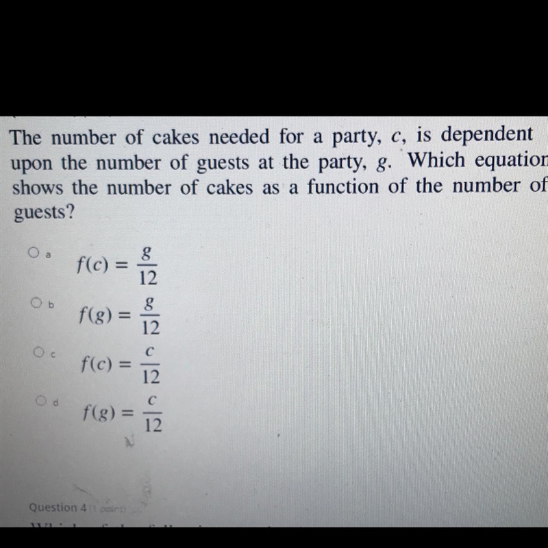 The number of cakes needed for party, C, is dependent upon the number of guest at-example-1