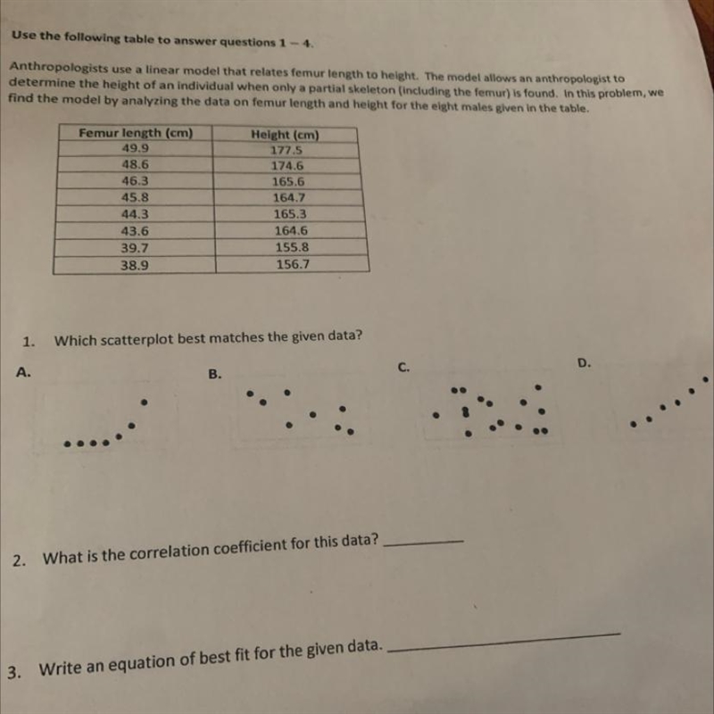 Anthropologists use a linear model that relates femur length to height. The model-example-1