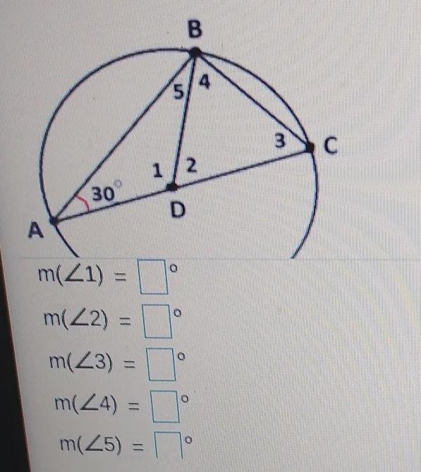 Given circle O with center D and diameter AC in the figure below, find each angle-example-1