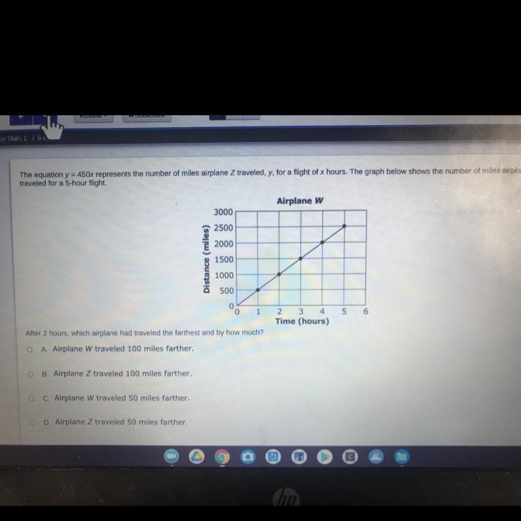 The equation y = 450x represents the number of miles airplane Z traveled, y, for a-example-1